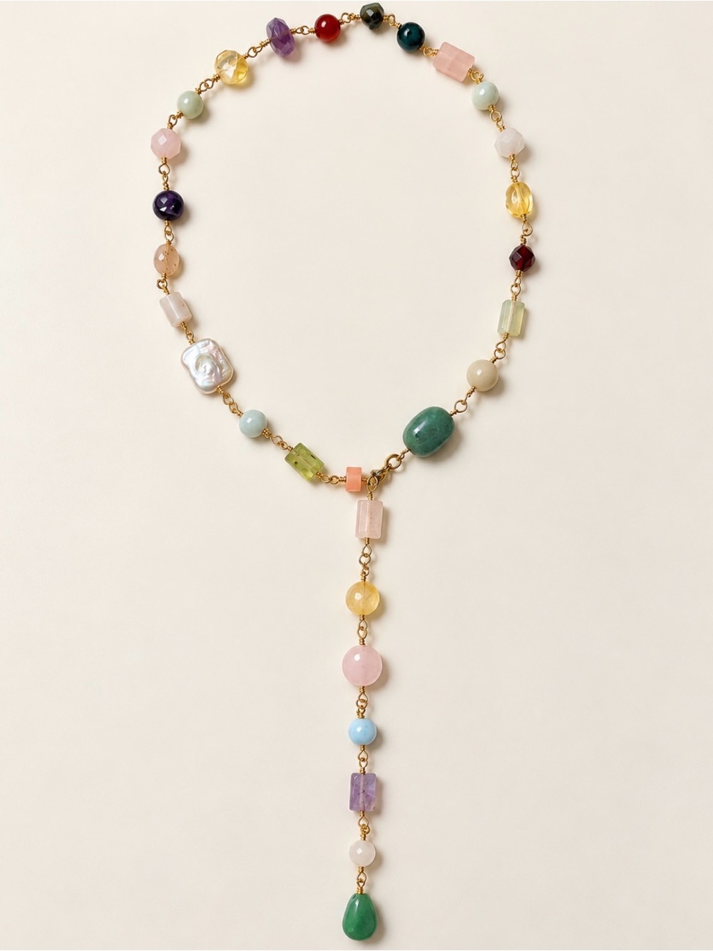 Handmade Gold-Tone Multi Gemstone Y-Necklace in Pastel Multi